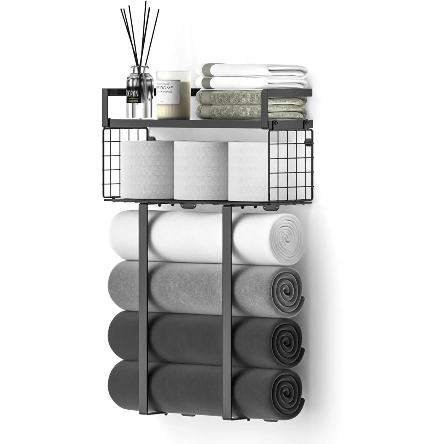 Towel Rack for Bathroom, Metal Towel Rack with Storage Basket, Wall-Mounted Towel Rack for Roll Towels, Towel Organizer for Small Bathrooms, Black