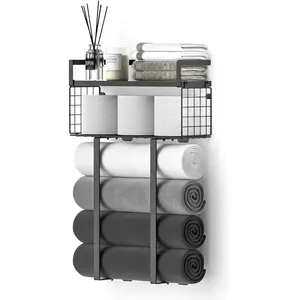 Towel Rack for Bathroom, Metal Towel Rack with Storage Basket, Wall-Mounted Towel Rack for Roll Towels, Towel Organizer for Small Bathrooms, Black