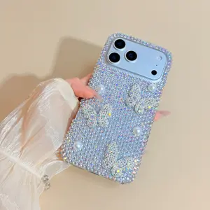 Luxury Butterfly Pearl Sparkle Phone Case Cover, Full Diamond Design, For IPhone 13 14 15 16 17 Pro Max, Sweet Cool Anti-Drop Protection