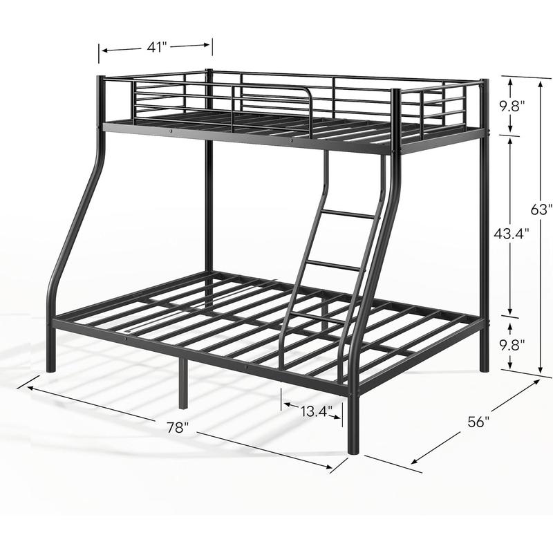 Bunk Beds Twin Over Full Size, More Sturdy Heavy Duty Metal Bunk Bed with Angled Ladder for Teens and Adults, Used for Spaces-Saving, Apartment or Dorm, Noise Free & Easy Assembly, Black