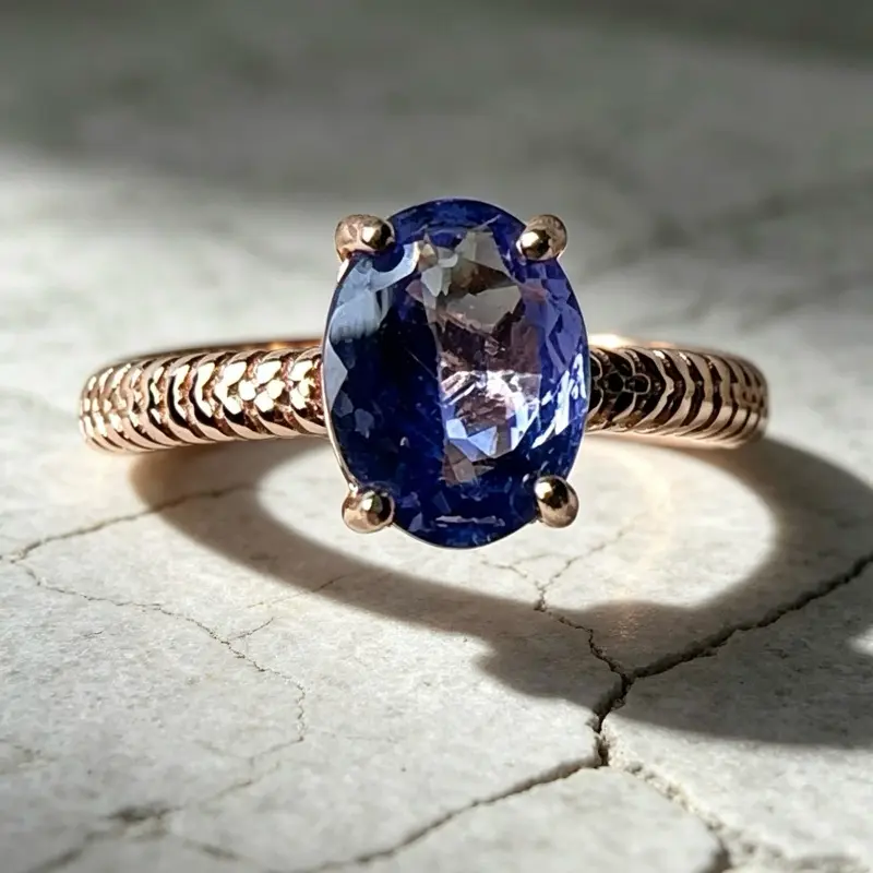<PingEast jewelry > tanzanite ring-Elegant 925 sterling silver ring with a rose gold-tone carved band, featuring a 6×8mm natural deep purple tanzanite. Includes certificate of authenticity