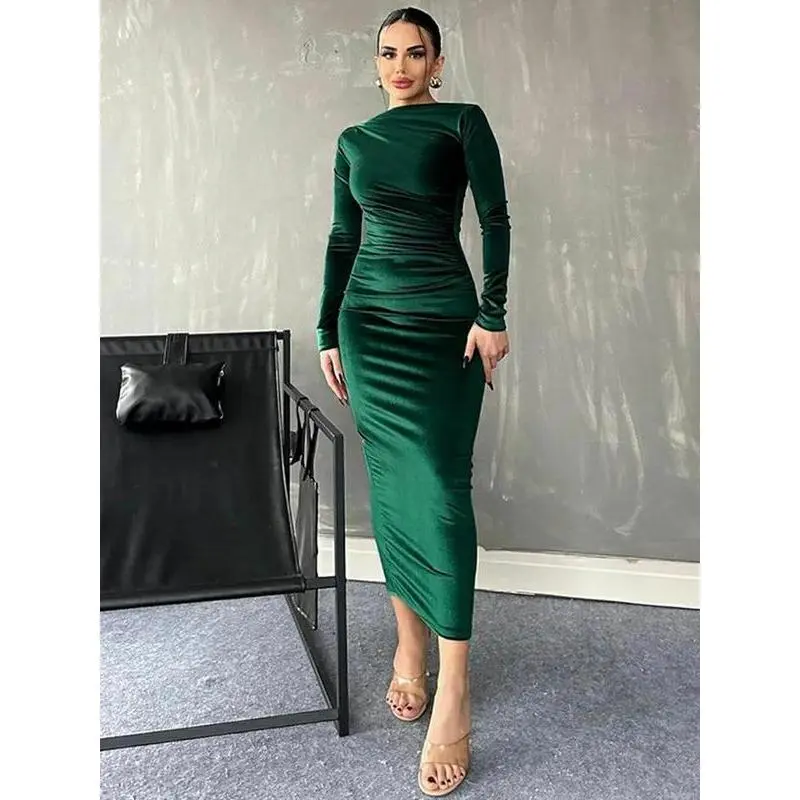 chinese dress ladies Elegant Green Velvet Midi Bodycon Dress