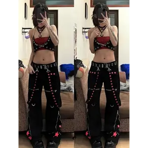 Women's Y2K Gothic Punk Jeans - Loose Wide Leg Flared Denim Pants with Metal Chain & Geometric Gothic Print, Low-Rise Cargo pockets, Machine Washable Heavy-Duty Jeans for Concerts, Festivals & Casual Attire (65% Blend) - All-Season Statemen  Womenswear Bo