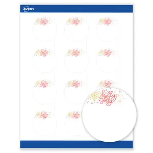 Avery® Printable Christmas Round Labels, 2" Diameter, Matte White, Pre-printed Holly Jolly Metallic Sparkles Design, Sure Feed® Technology, Laser & Inkjet Compatible, 240 Total