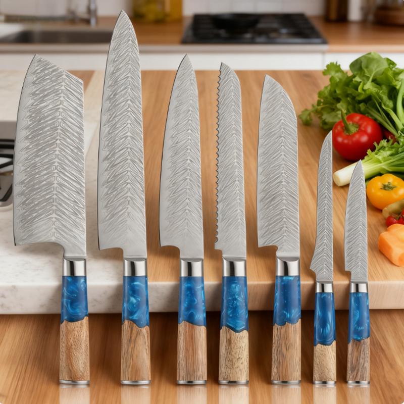 7-piece set - Blue Resin Damascus style Chef Knife Set - Professional grade knives, multifunctional knives, blue resin handle, high-end set, perfect for gift giving, one-stop solution for kitchen knife inconvenience, stunning appearance
