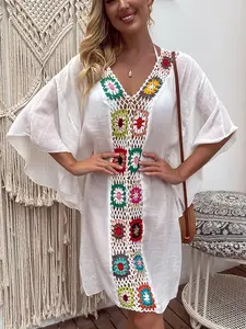 Women's Floral Crochet Hollow Out Cover Up, Boho Casual V Neck Batwing Sleeve Cover Up for Summer, Women's Swimwear for Beach Holiday Vacation