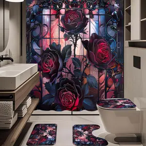 1/4pc iron window rose pattern bathroom set, The 4-piece set includes a single shower curtain, anti slip floor mat, toilet U-shaped mat, toilet lid mat, with shower curtain hook, and belongs to bathroom decoration products