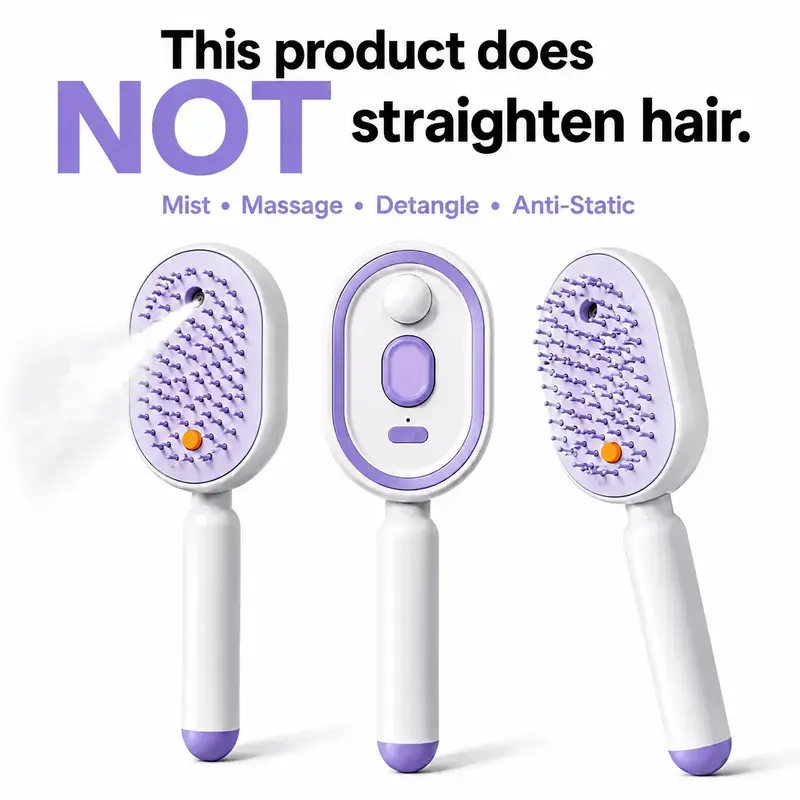 【Not straightened】Electric Spray Air Cushion Massage Comb, Self-Cleaning Anti-Tangle Hair Brush, Anti-Static Volumizing Scalp Massage Brush for Dry Frizzy Hair Care, No Essential Oil Included, Anti-Snagging Hair Brushes & Combs