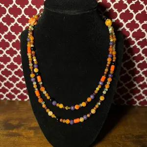 Fall Vibes Double Stack Necklace - Colorful Bead Design on Black Velvet Stand