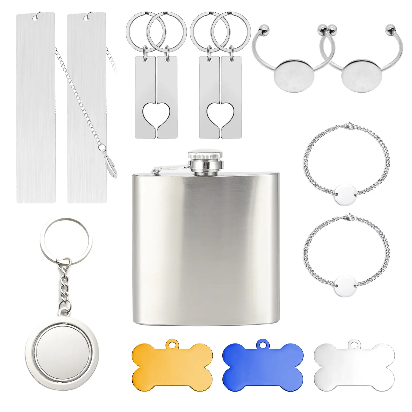 13Pcs Metal Laser Material Kit Laser Engraving Materials,7 types Engraving Accessories Kit with bookmark, Ring, Keychain,Pet tag for Laser Engraver DIY Crafting Supplies
