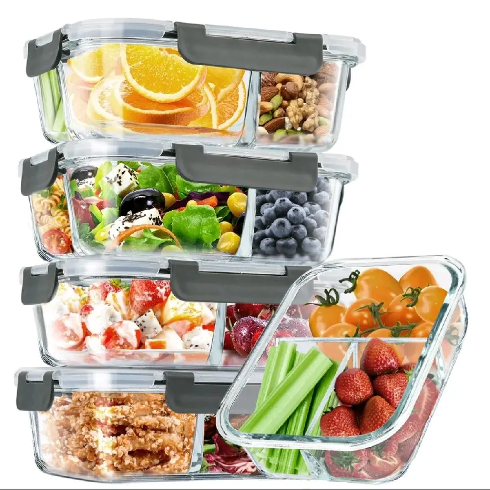 8 Pcs Glass Food Storage Containers with Lids, 2 & 3 Compartment Glass Airtight Meal Prep Containers (4 Containers & 4 Lids), Oven & Freezer Safe, Leak Proof - Grey