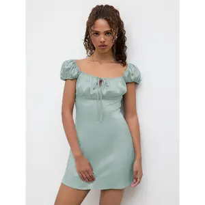 Cider Satin Square Neck Ruched Knotted Puff Sleeve Mini Dress SwimWeek