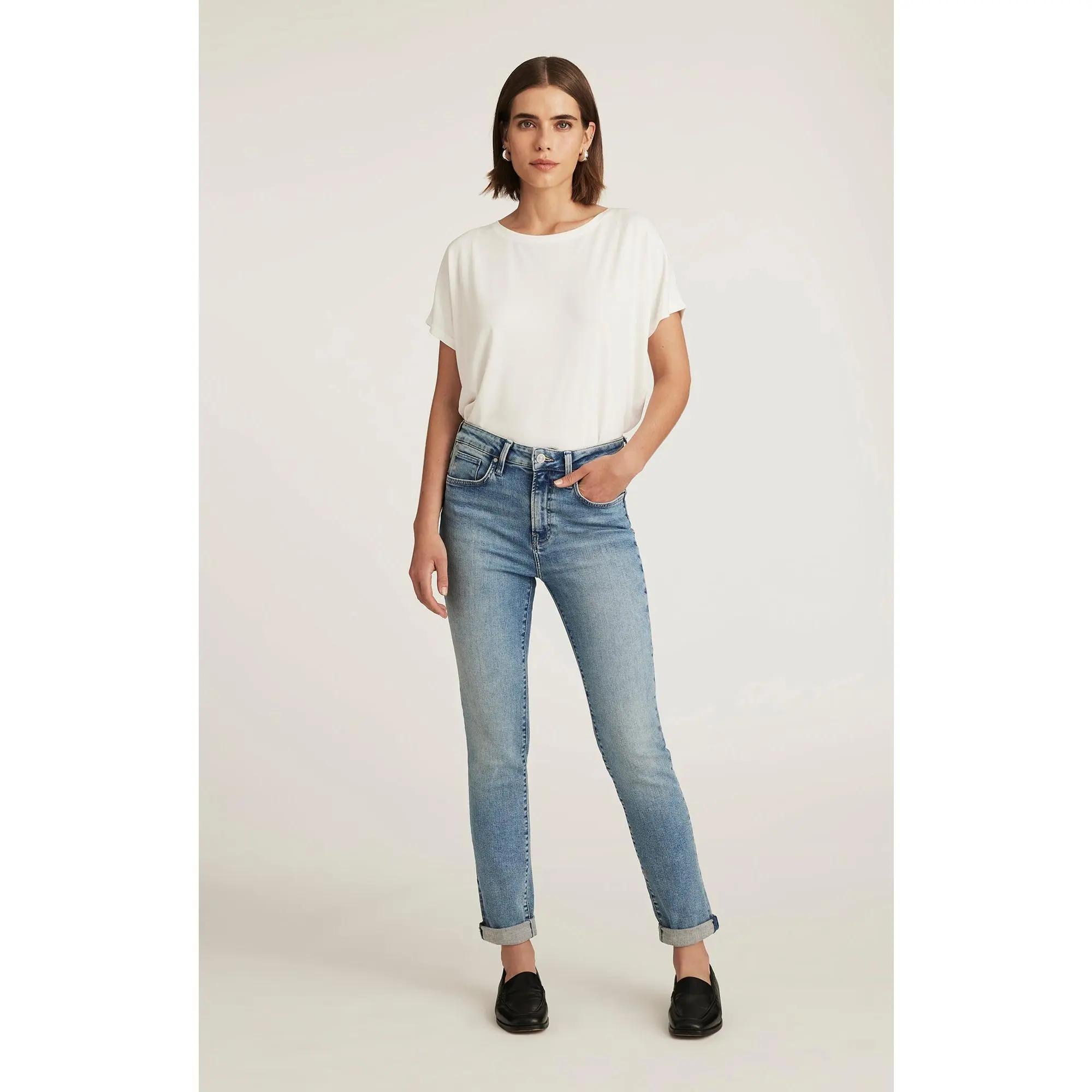 Women's Kathleen Slim Boyfriend Cuffed Jeans - Light Brushed Flex Blue Fabric, Comfortable Bottom Pants