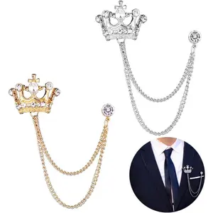 2PCS Men's Crown Hanging Chain Brooch with Stone Detailing, Engraving, Metal Crystal, Suit Stud Lapel Pin, Vintage Rhinestone Breastpin Wedding Brooch Pin, Gold and Silver