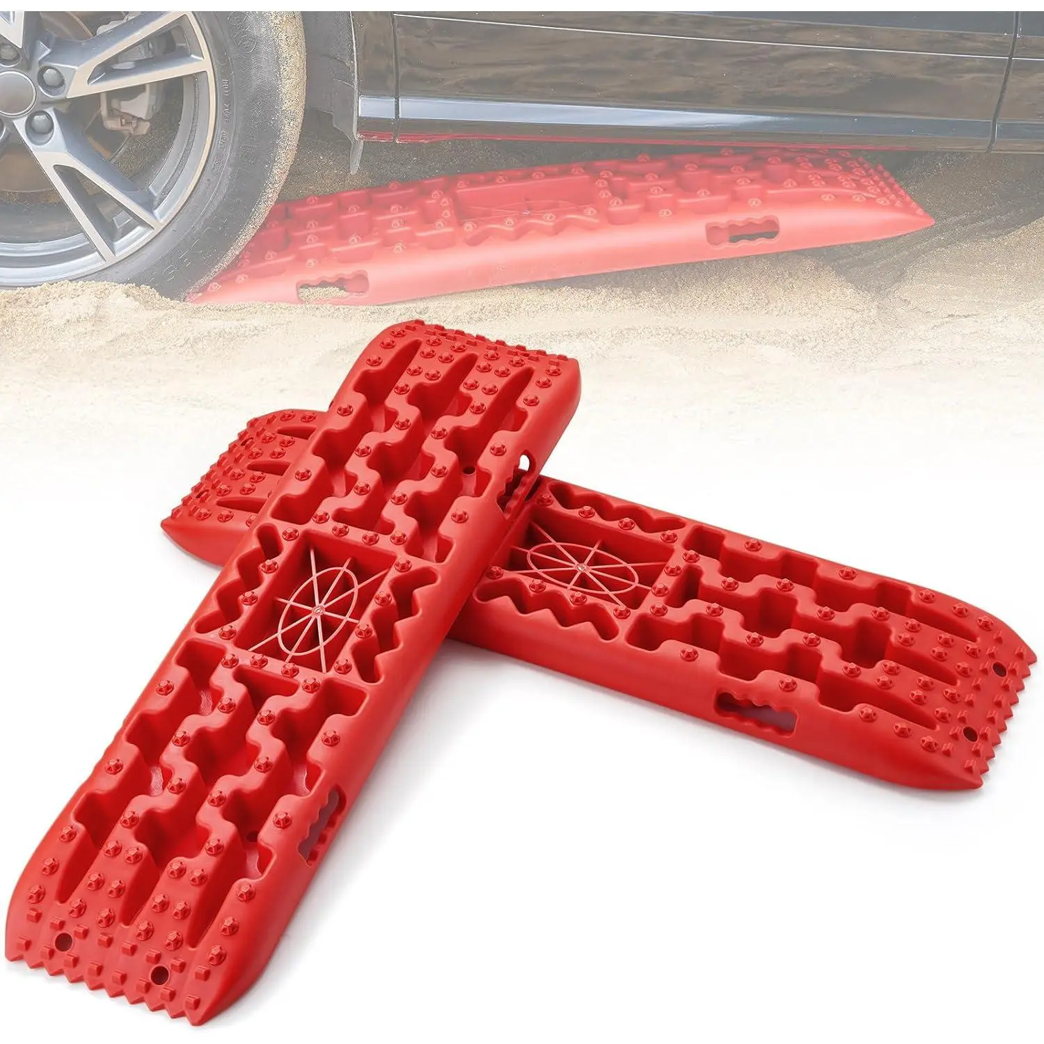 VEVOR 10 TON Traction Boards with PP Material, Recovery Boards for Off-road Vehicles/Cars/Pickups/SUVs/RVs, Pair Tire Traction Mats on Snow, Sand, Mud and Loose Terrain, Storage Bag, Long, Red