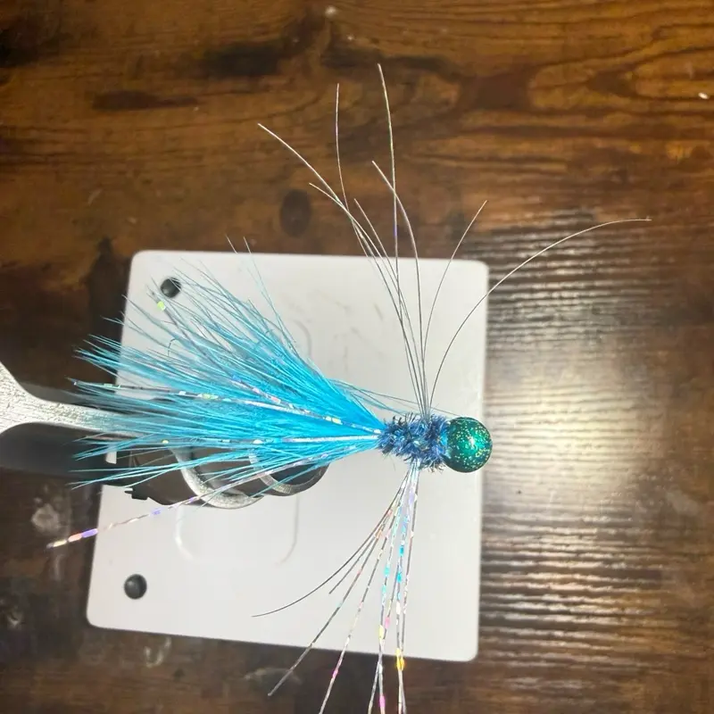 The dragonfly jig, dragonfly head, winter run body, silver flash for wings and tail, baby blue tail
