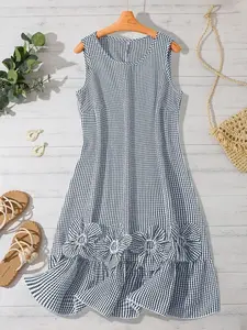 Women's Round Neck Sleeveless Plaid Long Dress, Floral Hem Design, Casual Fashionable Dress, Essential for Daily Commute, Casual Wear, Vacation, Dates