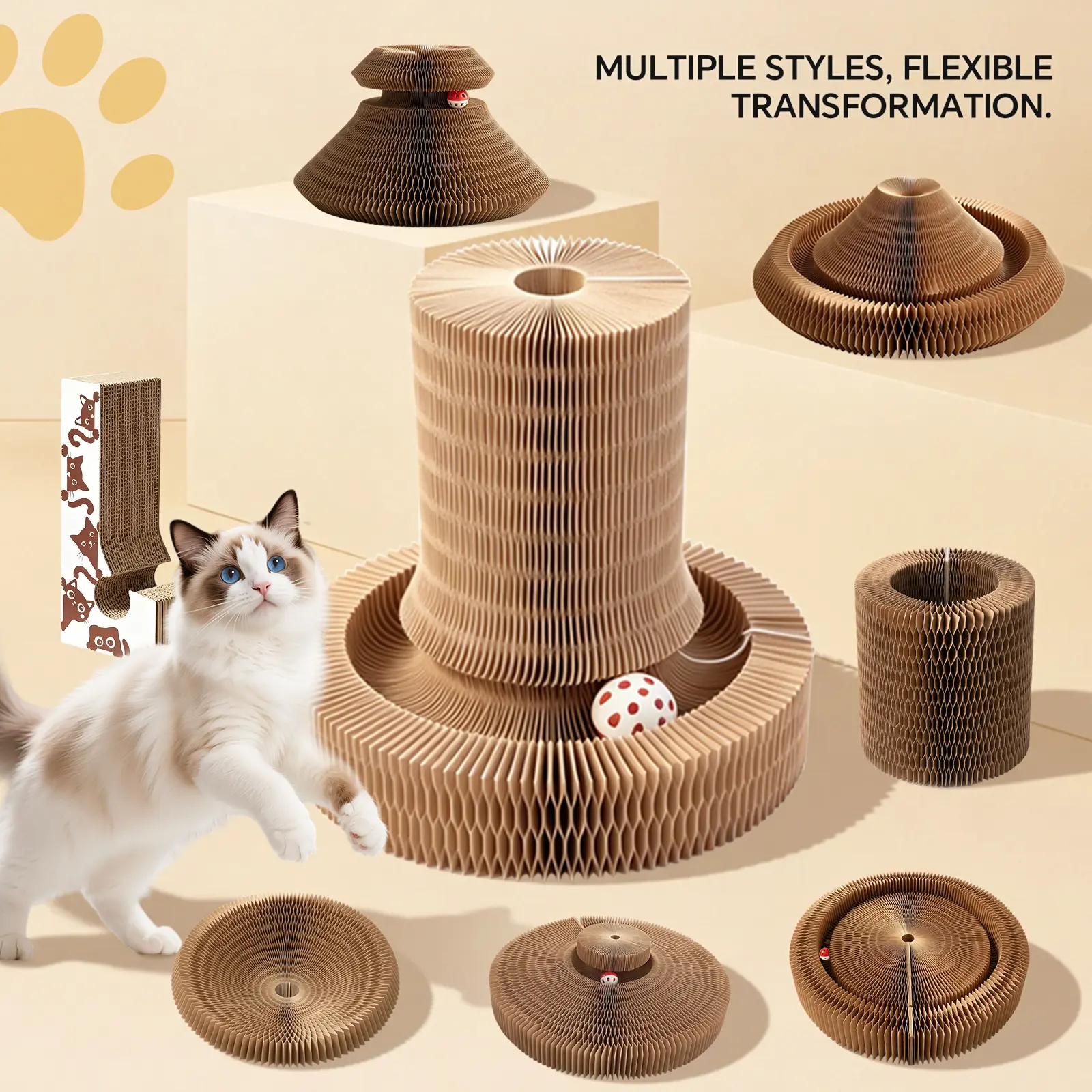 Magnetic Accordion-Style Foldable Honeycomb Cardboard Cat Scratcher Post, Eco-Friendly Pet Furniture with 1 Interactive Jingling Bell Ball, Plain Multi-Form Trackball Toy, 14.8" Base Diameter x 10.2" Height, Shape-Shifting Playground, Furniture Safe