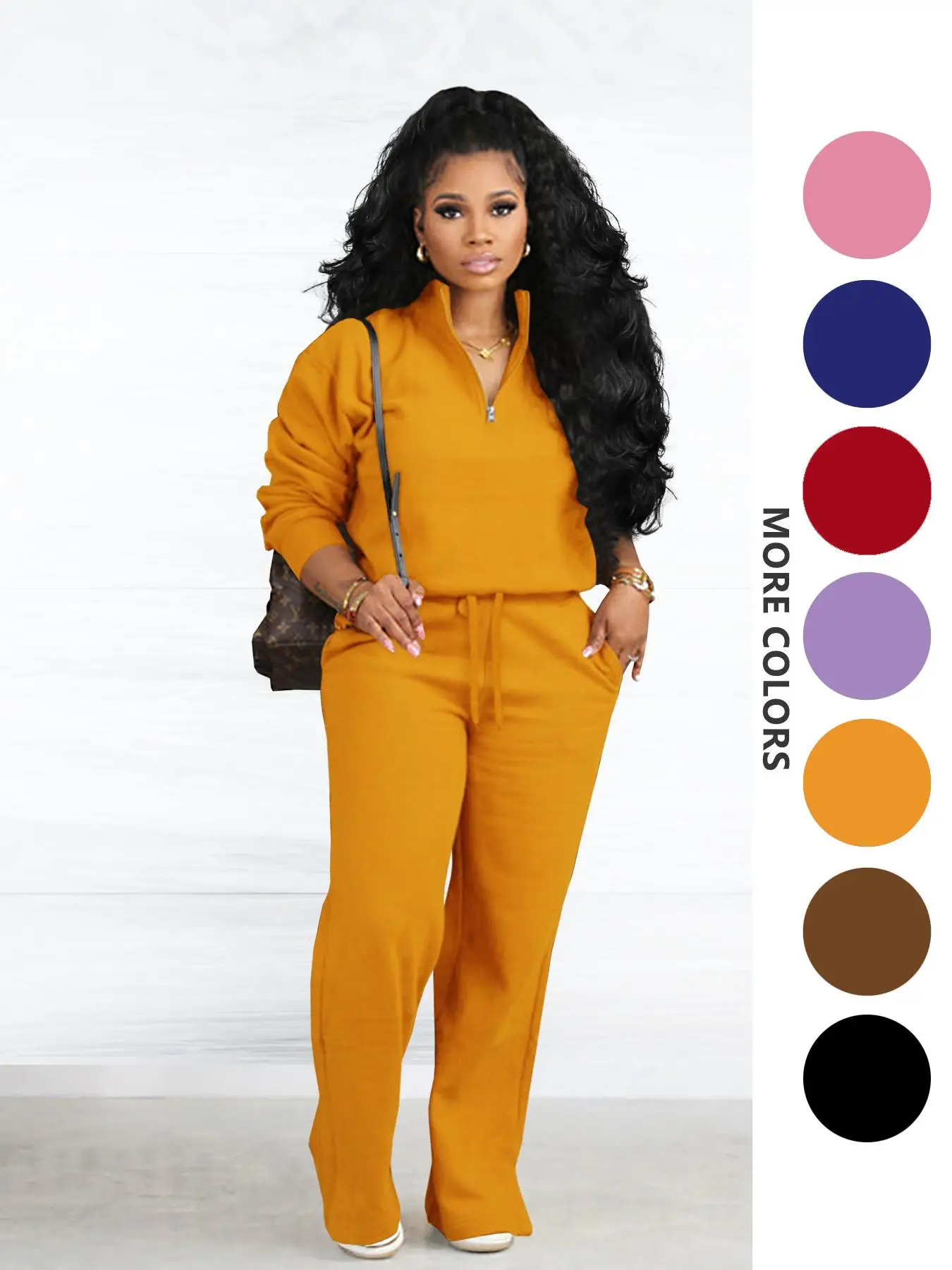 Two-piece Set Women's Solid Zip Up Funnel Neck Sweatshirt & Drawstring Waist Pants, Lady Casual Fashion Cozy Drop Shoulder Long Sleeve Top & Pocket Tr