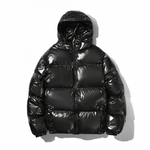 Men's Shiny Glossy Smooth Fabric Puffer Jacket - Zip-Up Hooded, Thick Cotton-Padded Coats, Ribbed Hem, Windproof Thermal, Straight Loose Fit, Clean Minimalist Stylish Casual Streetwear, Side Pockets for Cold Winter Comfort