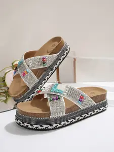 Boho Flashing Rhinestone Two-Buckle Sandals, Thick Sole Height-Boosting Outdoor Slippers, Summer Beach Shoes, Rainbow Braided Edge