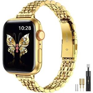 *WBA-045-LYZ Slim Metal Band Compatible with Apple Watch Band 42mm(Series 10) 41mm 40mm 38mm,Dressy Stainless Steel Chain Strap for Women iWatch Bands Series 9 8 7 6 5 4 3 2 1 SE,Silver/Gold