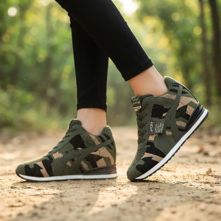 Women's Camo Print Low-Top Wedge Sneakers - Lightweight Breathable Lace-Up Ankle Platform Workout Shoes, Sporty Chic Fabric, for Outdoors & All-Day Comfort