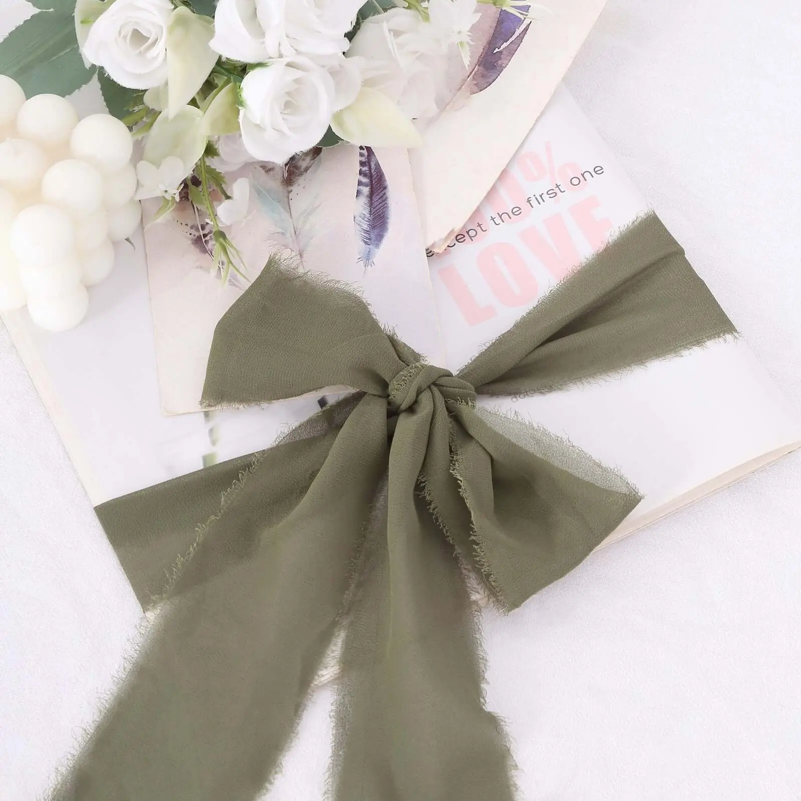 2 Pack Solid Dusty Sage Green Silk-Like Chiffon Ribbon Rolls (6yds Each), DIY Wedding Bouquet Wrap, Home & Festive Party Supplies