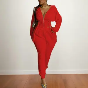 Allurite Plus Size Red Zip-Up Hoodie & Jogger Set | Soft Stretch Lounge Tracksuit for Travel, Errands & Cozy Days