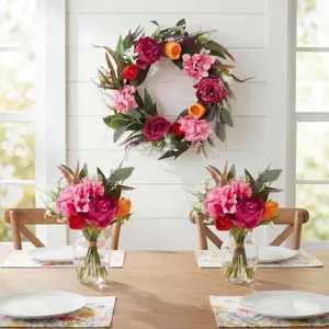 Faux Peony Wreath & 2 Matching Bouquets Set – Artificial Flowers with Rattan Base – Farmhouse Front Door Decor for All Seasons – Fits Wreath Sizes 18in, 22in, 24in
