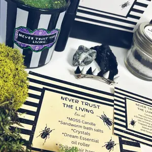 PuffyCheeks Never Trust the Living Box Set - Candle, Essential Oil Roller, Sandworm Bath Salts, Crystals & Spiked Hair Clip - Handcrafted with Love - Gifts