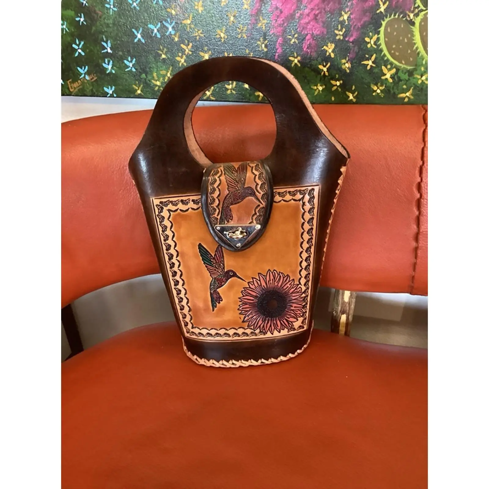 Brown Leather Bag Handcrafted in Guerrero Mexico with Hummingbird and Sunflower Design
