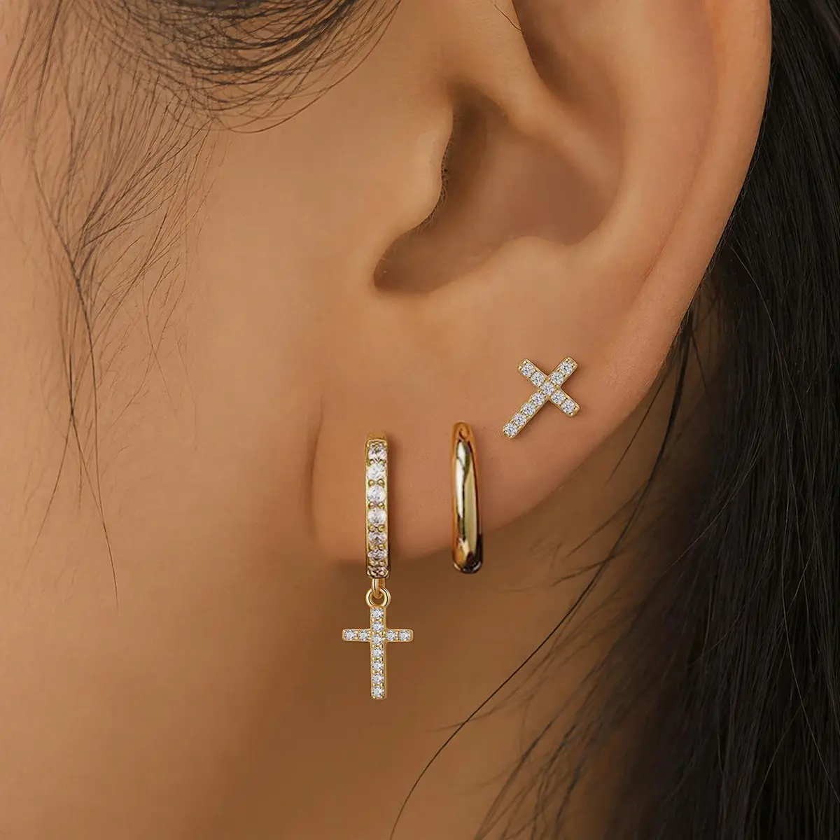 3Pcs Cross Earring Set for Women, 14K Gold Plated Hypoallergenic Huggie Hoops with Solid Plain Hoop, CZ Cross Dangle Hoop & Paved Cross Stud Earrings, Stackable Religious Christian Ear Jewelry for Daily Wear Gifts