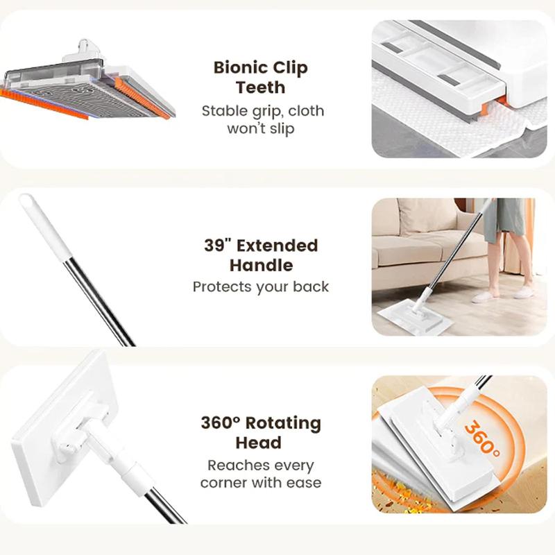 Snap Grip Mini Mop with Long Handle – Zero Touch Flat Mop for Wet & Dry Cleaning, Includes 1 Mop + 10 Disposable Mop Pads (Random Colors), Locking Head for Floors, Walls, Corners & Tight Gaps