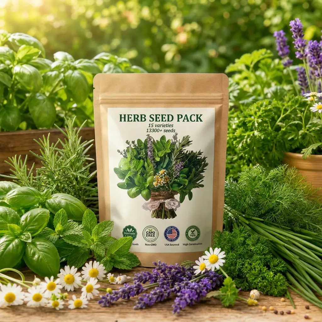Herb Garden Seed Collection, 15 Varieties with 13,300+ Seeds, Indoor Outdoor Gardening Kit for Pots, Windowsills, Balconies and Raised Beds, Beginner-Friendly Planting Gift
