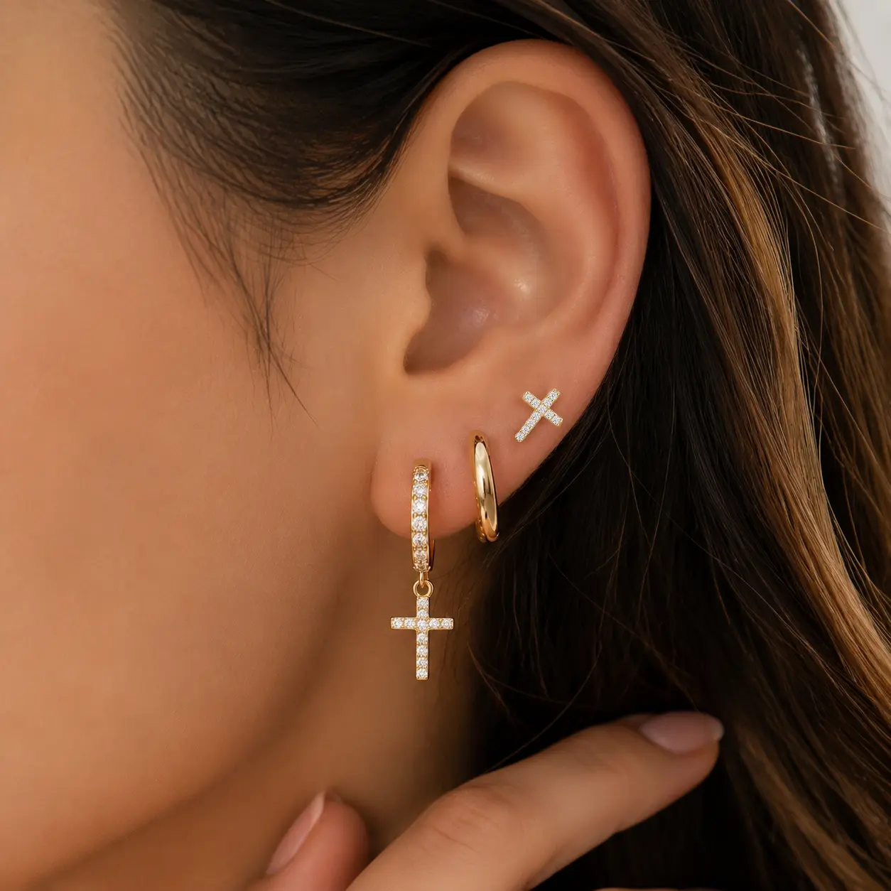 3Pcs/3Pairs Gold Earrings for Women, 14K Gold Plated Cute Cross Earring Stacks Dainty Huggie Earrings for Women Trendy Small Gold Hoop Earrings Non Tarnish Womens Jewelry