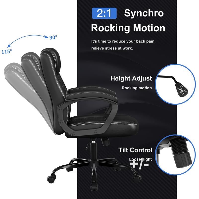 Office Chair, Executive Desk Chair, PU Leather Comfortable Executive Chairs with Fixed Armrest, Adjustable Height, Rocking Function, 360° Swivel Wheels, Black 0539