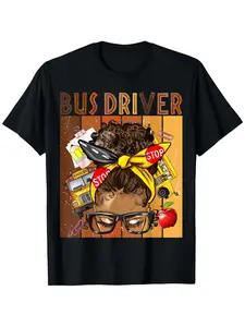 School Bus Driver Graphic T-Shirt - Afro Messy Bun & Stop Sign Design with Bus 100% Cotton Unisex Comfort Fit Slightly Elastic Casual Tee Sizes S-XXXL School Bus-Themed Apparel for Men & Women Bus Driver Gift Idea Short Sleeve Round Neck Geometric Print M