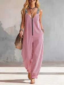 Women's Casual Deep V Neck Slim Fit Romper, Summer Sexy Sleeveless Backless Striped Halter Top, Zip Design, Fashionable Daily Wear