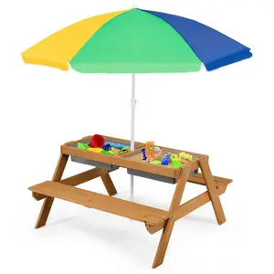 Costzon Kids Picnic Table w/Height Adjustable Umbrella,Indoor & Outdoor, Sand & Water Table for Garden, Backyard, Patio, mothersdaygift,#SummerVibes