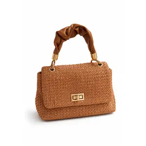 Maddie Woven Straw Top Handle Bag with Twisted Satin Handle