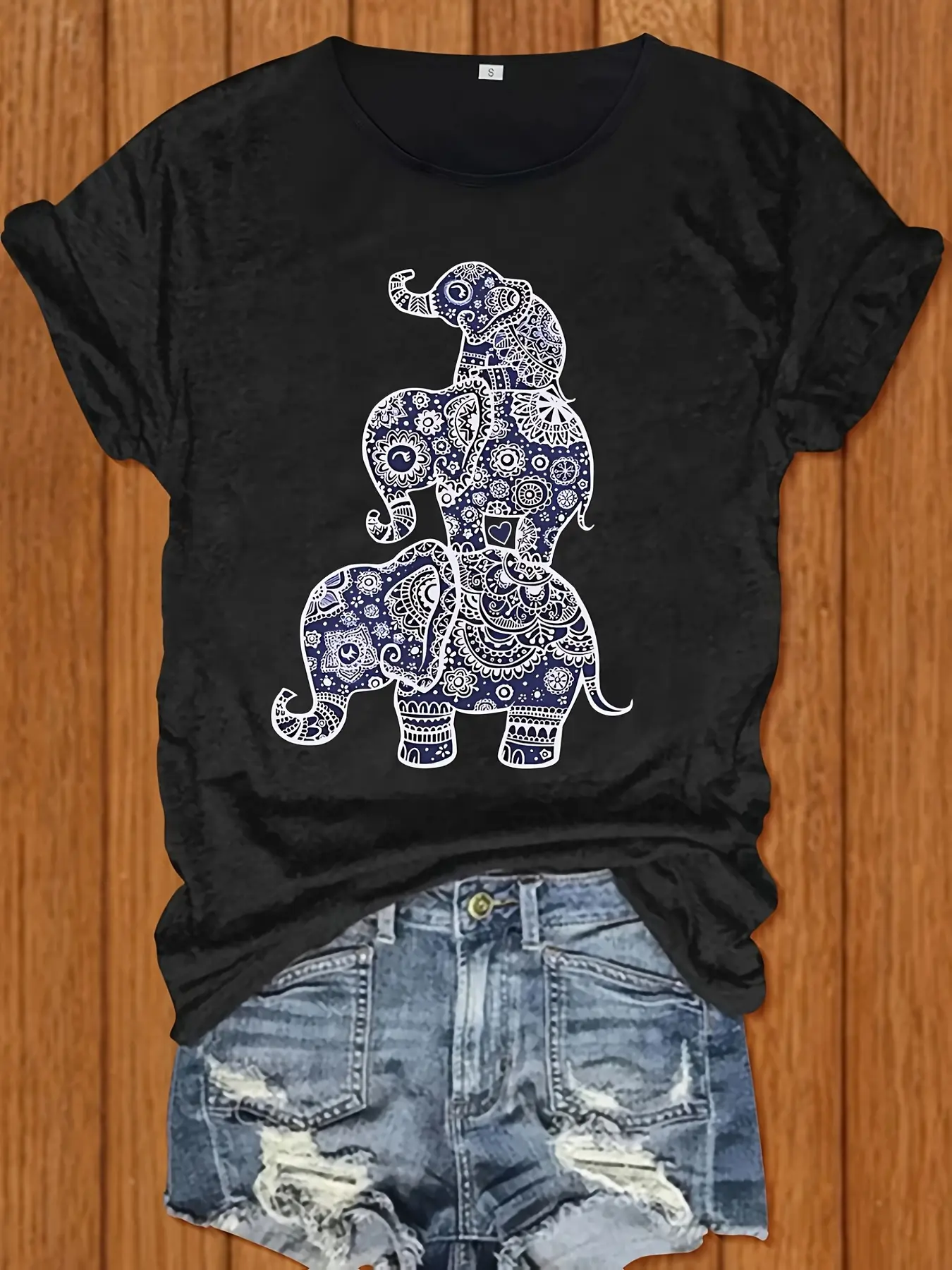Women's Lucky Elephant Print T-Shirt - Soft Crew Neck Casual Top, Machine Washable Everyday Shirt & Birthday/Anniversary Gift for Animal Lovers - Non-Stretch Fabric Women's Tee, Summer Outfit, Short Sleeve Top, Comfortable Material, Lightweight Fabric, Pr
