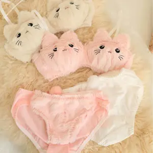 2Pieces Anime Lingerie Soft Underwear Comfortable Plush Bra Panty Set Cartoon Cats Bra and Panties for Womens Girl