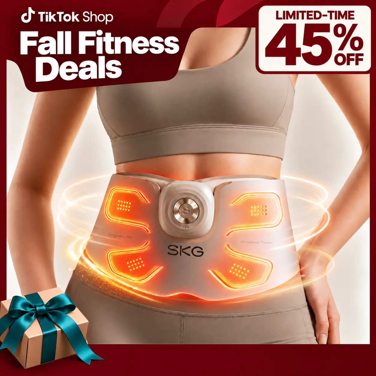 SKG FlexNova Abdominal Trainer Belt - Abdomen Zone, Waist Focus, EMS + TENS Technology, Heat Therapy, 620 nm Red Light, 9 Intensity Levels, Detachable Body Massage Pad