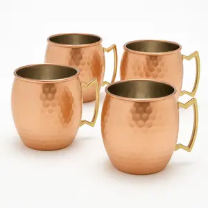 Modern Home Handmade 16oz Solid Copper Mule Mug – Nickel Lined Barrel Shaped Mug with Brass Handle & Hammered Texture (Set of 4)