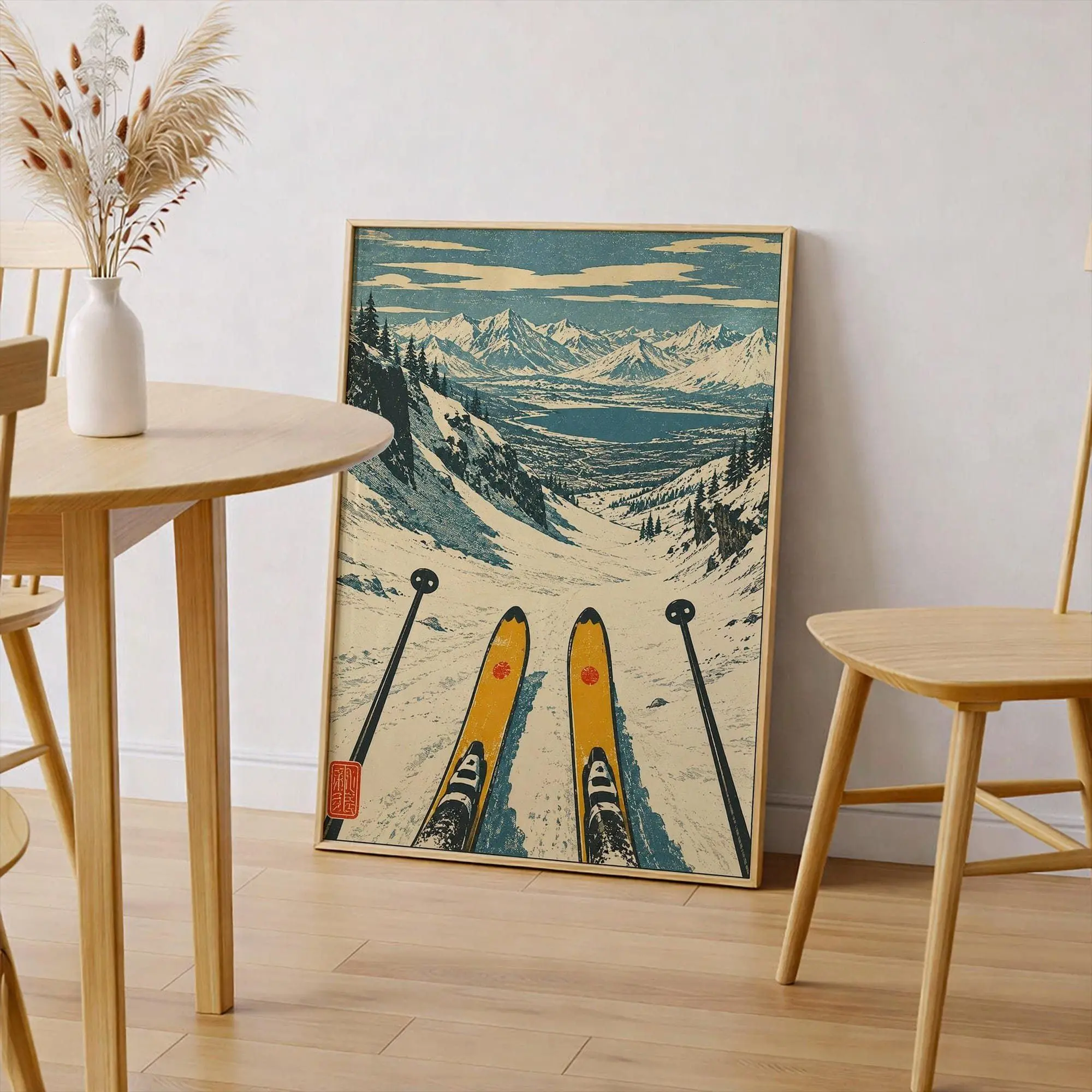 Skiing Wall Art, Vintage Ski Poster, Mountain Landscape Print, Woodblock Style Art, Winter Sports Decor, Cabin Wall Decor, Gift for Skier( Unframed - Print Only )