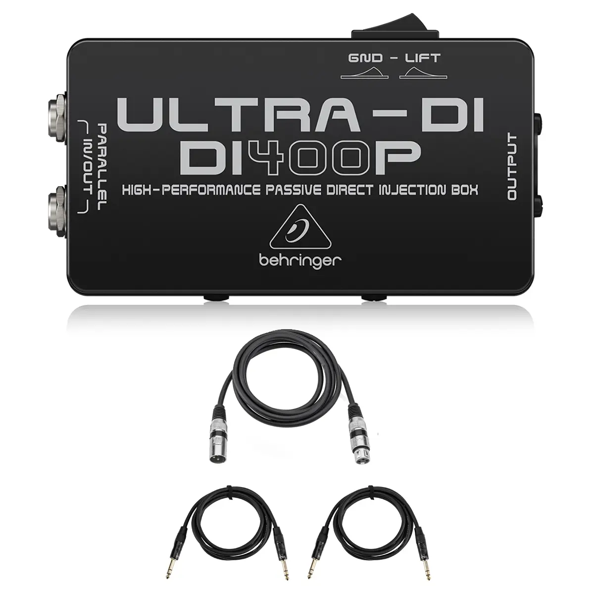 Behringer ULTRA-DI DI400P High-Performance Metal Passive Direct Injection Box for Audio Mixer Connection, Bundle with 2x Platinum Pro 6' TRS Interconnect Cable, 6' Microphone Cable