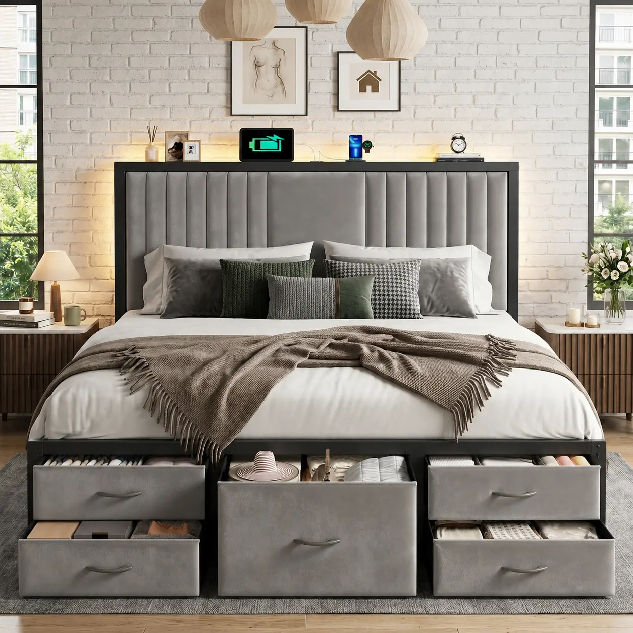 【5 Drawers】Modern King/Queen/Full Size Bed Frame with 5 Storage Fabric Drawers,Luxury Upholstered Platform LED Metal Bed Frame with Built-in Charging Station & Shelf on Headboard, 13.39" Under Bed Space for Apartment,Dorms,Attic,Guestroom,838LBS Capacity