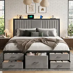 【5 Drawers】Modern King/Queen/Full Size Bed Frame with 5 Storage Fabric Drawers,Luxury Upholstered Platform LED Metal Bed Frame with Built-in Charging Station & Shelf on Headboard, 13.39" Under Bed Space for Apartment,Dorms,Attic,Guestroom,838LBS Capacity