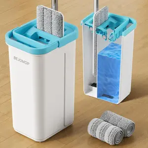 Mop and Bucket Set, Mops for Floor Cleaning Turquoise-Cyan, Wall Mop with Long Handle, Squeeze Flat Mop and Bucket System, Dry & Wet Dust Mop for Household Cleaning with 2 Microfiber Mops